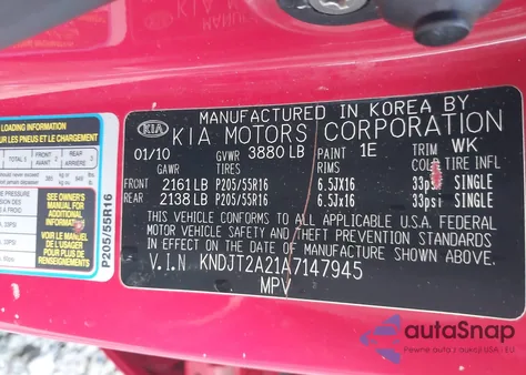 2010 Kia Soul + from USA, damaged, VIN KNDJT2A21A7147945